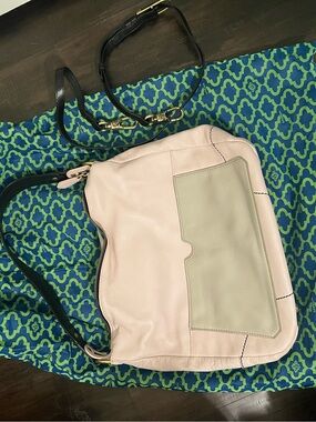 orYANY Blush Pink Leather Shoulder Bag with Sage Front Pocket